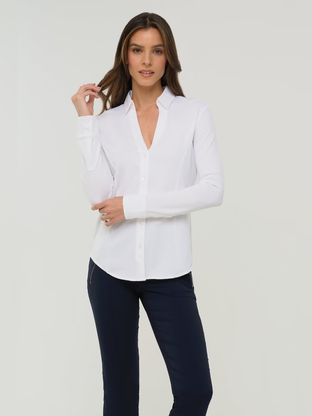 ANATOMIE Long Sleeve Button Front Jersey Shirt Collared in White Travel Size M